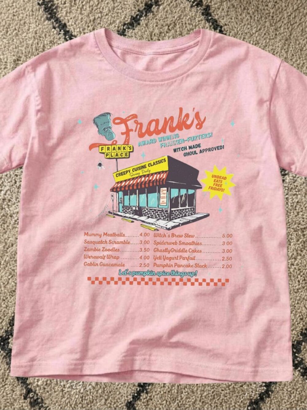 Gildan Light Pink Frank's Place Diner Halloween Graphic T-Shirt